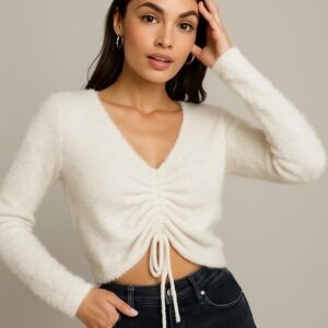 Sugar Moon White Fuzzy Knit Cropped Sweater V-Neck‎ Cinched Drawstring Large